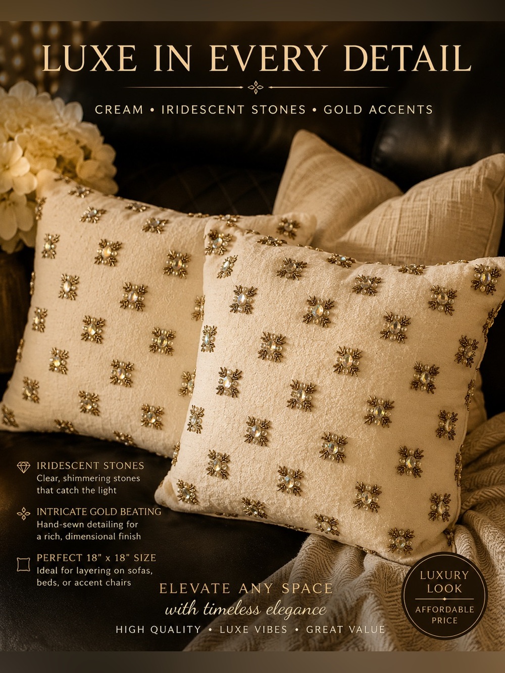 Set of 2 Boutique Cream Gold Beaded Throw Pillows 18x18 NWT Hidden Zipper Linen